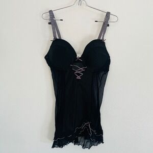 EUC Flame Black Pinstripe Corset Lingerie Babydoll Lingerie Ruffle Hem Sheer 38C